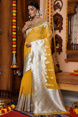 Murmurous Mustard Organza Silk Saree With Scintilla Blouse Piece - Colorful Saree