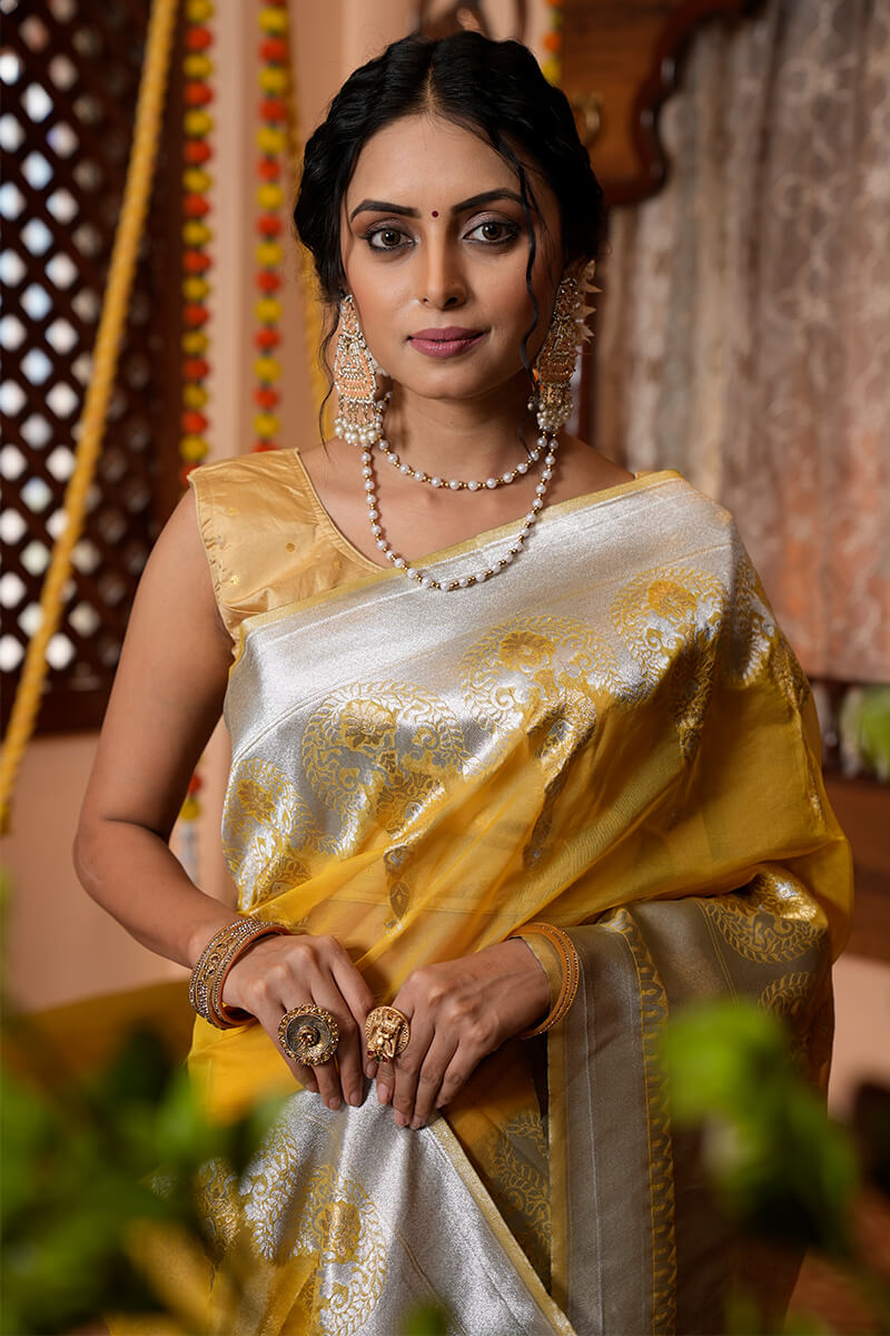 Murmurous Mustard Organza Silk Saree With Scintilla Blouse Piece - Colorful Saree