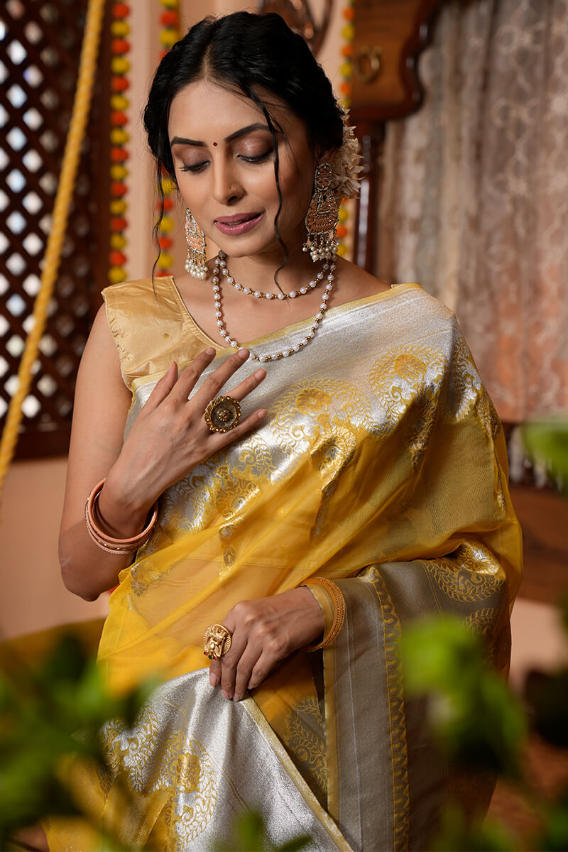 Murmurous Mustard Organza Silk Saree With Scintilla Blouse Piece - Colorful Saree