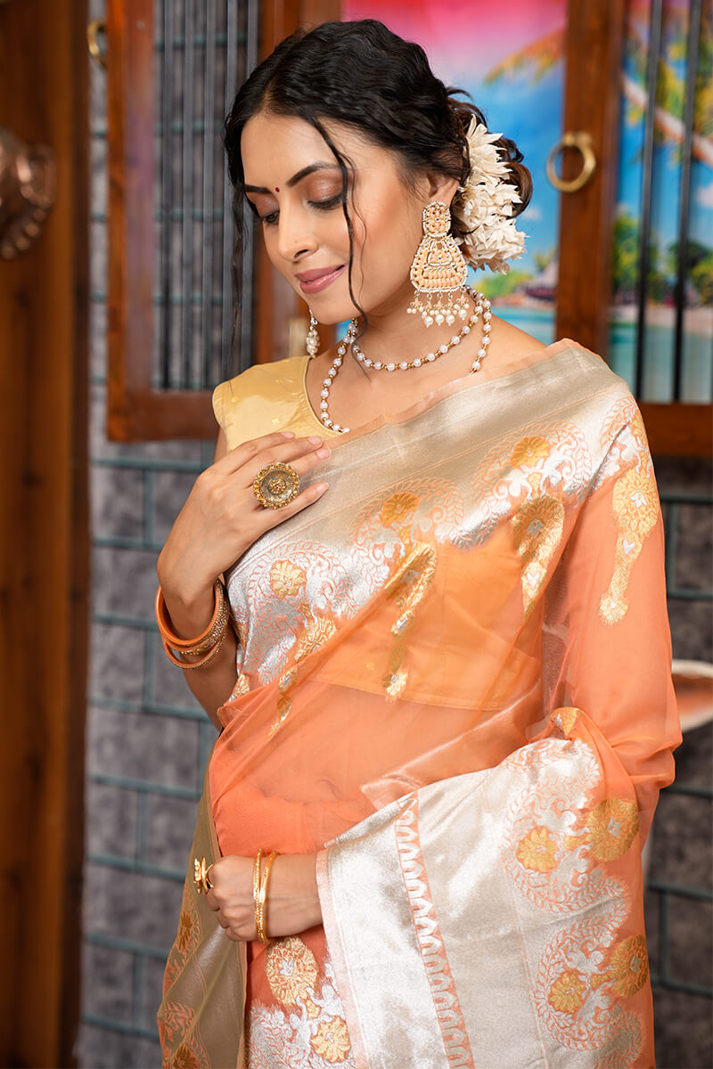 Quintessential Orange Organza Silk Saree With Smashing Blouse Piece - Colorful Saree