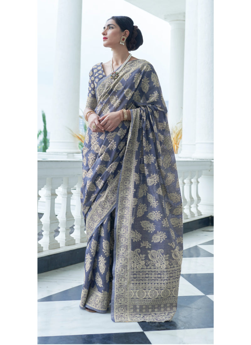 Woebegone Flattering Blue Lucknowi Silk Saree With Entrancing Blouse Piece - Colorful Saree