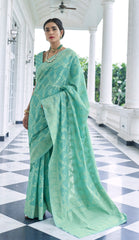 Woebegone Turquoise Lucknowi Silk Saree and Inspiring Blouse Piece - Colorful Saree