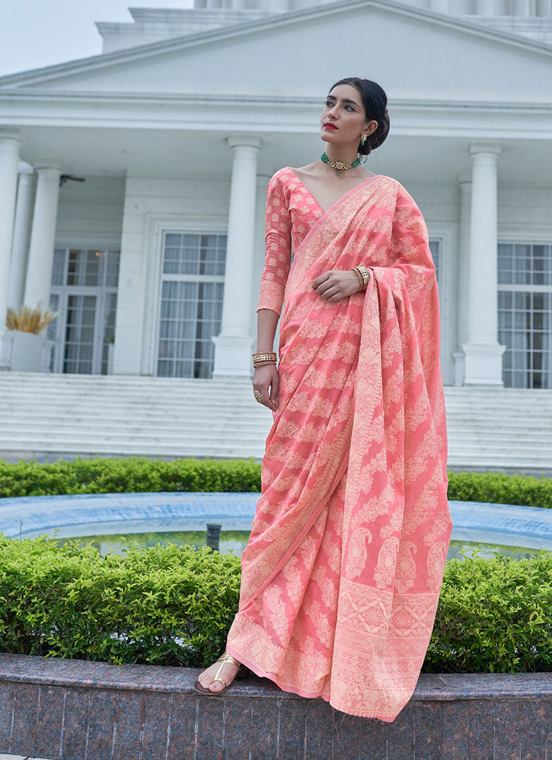 Unique Peach Lucknowi Silk Saree With Flameboyant Blouse Piece - Colorful Saree