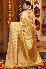 Magnetic Golden Organza Silk Saree With Pleasurable Blouse Piece - Colorful Saree