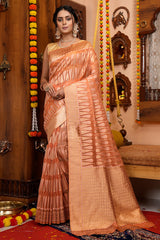 Smashing Peach Organza Silk Saree With Incredible Blouse Piece - Colorful Saree