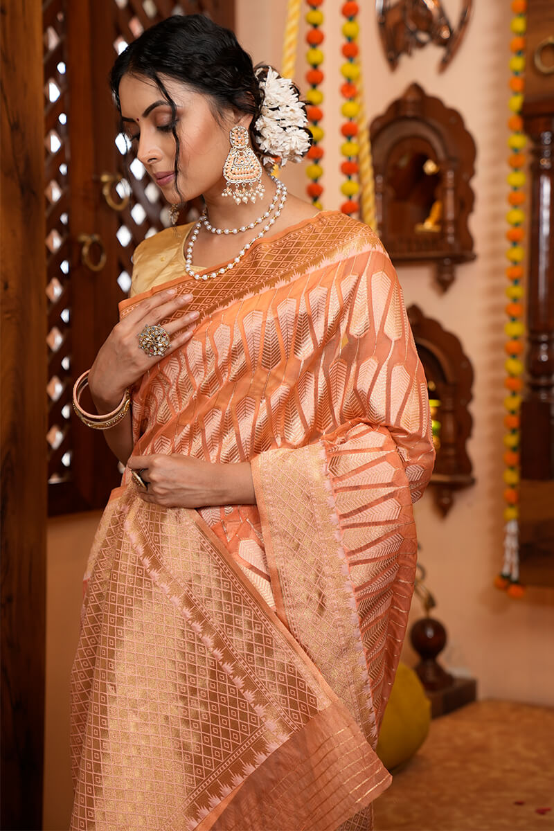 Smashing Peach Organza Silk Saree With Incredible Blouse Piece - Colorful Saree