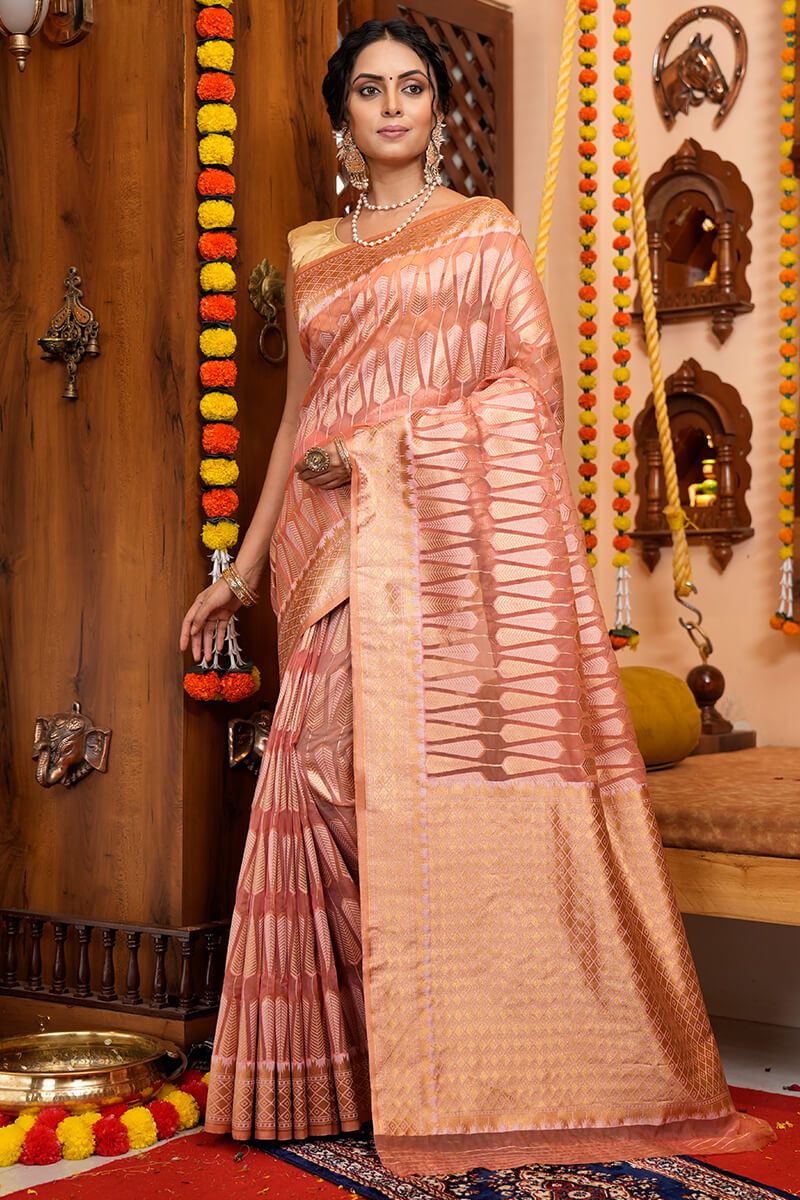 Felicitous Pink Organza Silk Saree With Snappy Blouse Piece - Colorful Saree