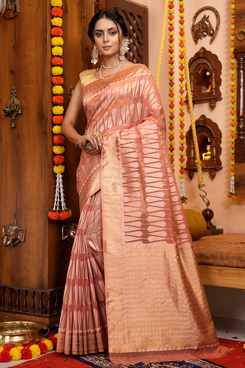 Felicitous Pink Organza Silk Saree With Snappy Blouse Piece - Colorful Saree