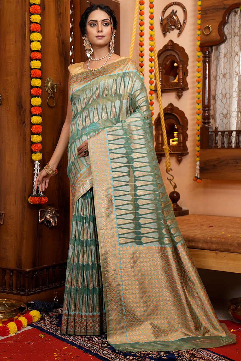 Scrumptious Rama Organza Silk Saree With Fragrant Blouse Piece - Colorful Saree