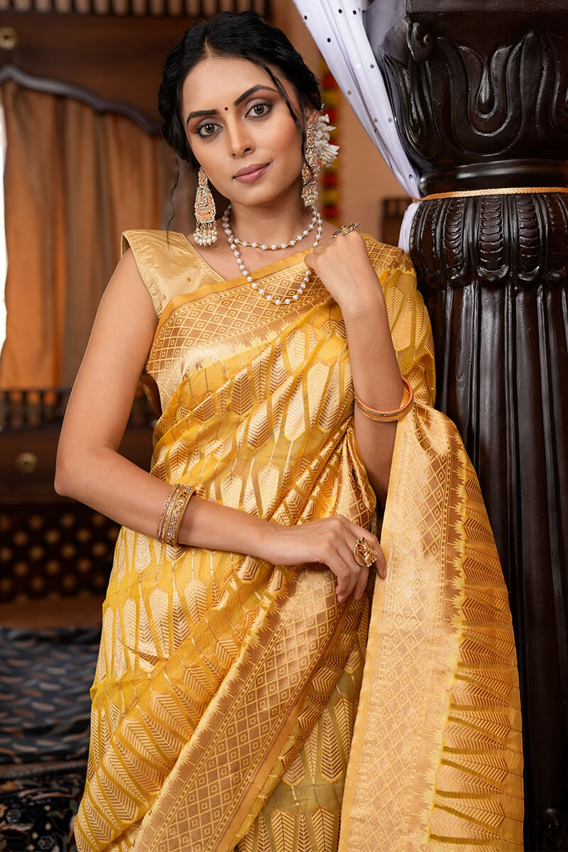 Luxuriant Yellow Organza Silk Saree With Tempting Blouse Piece - Colorful Saree