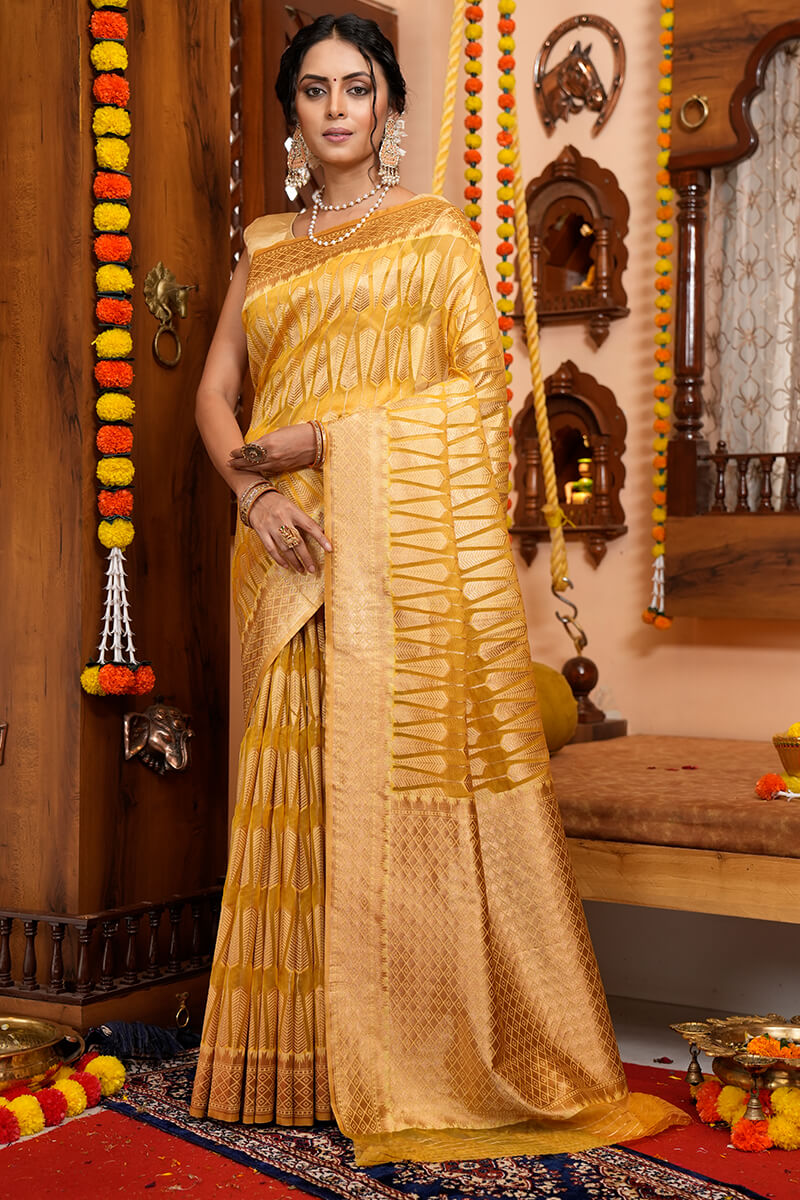 Luxuriant Yellow Organza Silk Saree With Tempting Blouse Piece - Colorful Saree