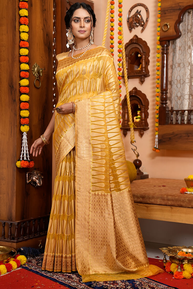 Luxuriant Yellow Organza Silk Saree With Tempting Blouse Piece - Colorful Saree