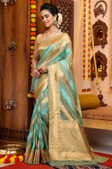 Splendorous Firozi Organza Silk Saree With Magnificat Blouse Piece - Colorful Saree