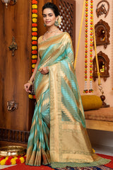 Splendorous Firozi Organza Silk Saree With Magnificat Blouse Piece - Colorful Saree