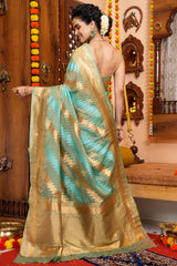 Splendorous Firozi Organza Silk Saree With Magnificat Blouse Piece - Colorful Saree