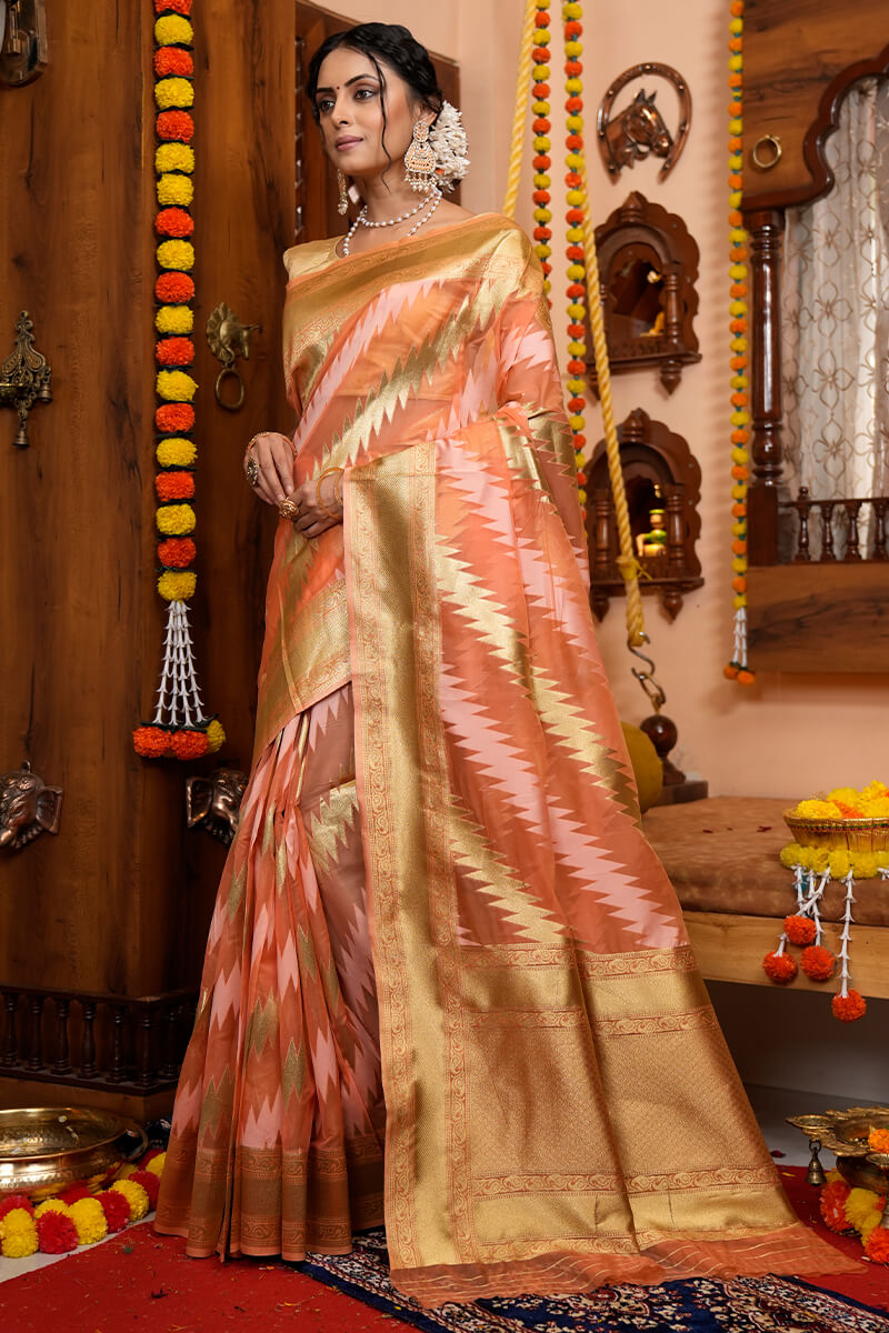 Prodigal Peach Organza Silk Saree With Denouement Blouse Piece - Colorful Saree