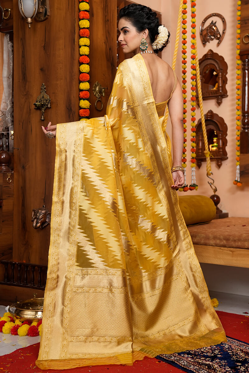 Tremendous Yellow Organza Silk Saree With Redolent Blouse Piece - Colorful Saree