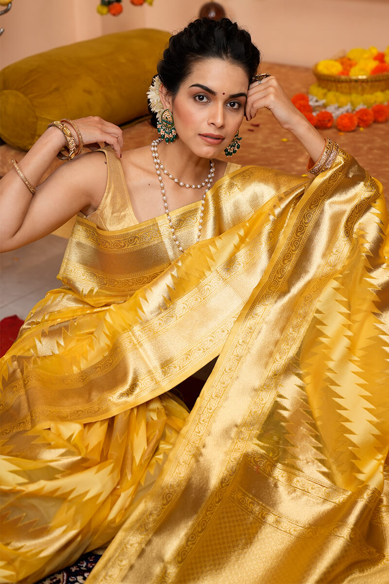 Tremendous Yellow Organza Silk Saree With Redolent Blouse Piece - Colorful Saree