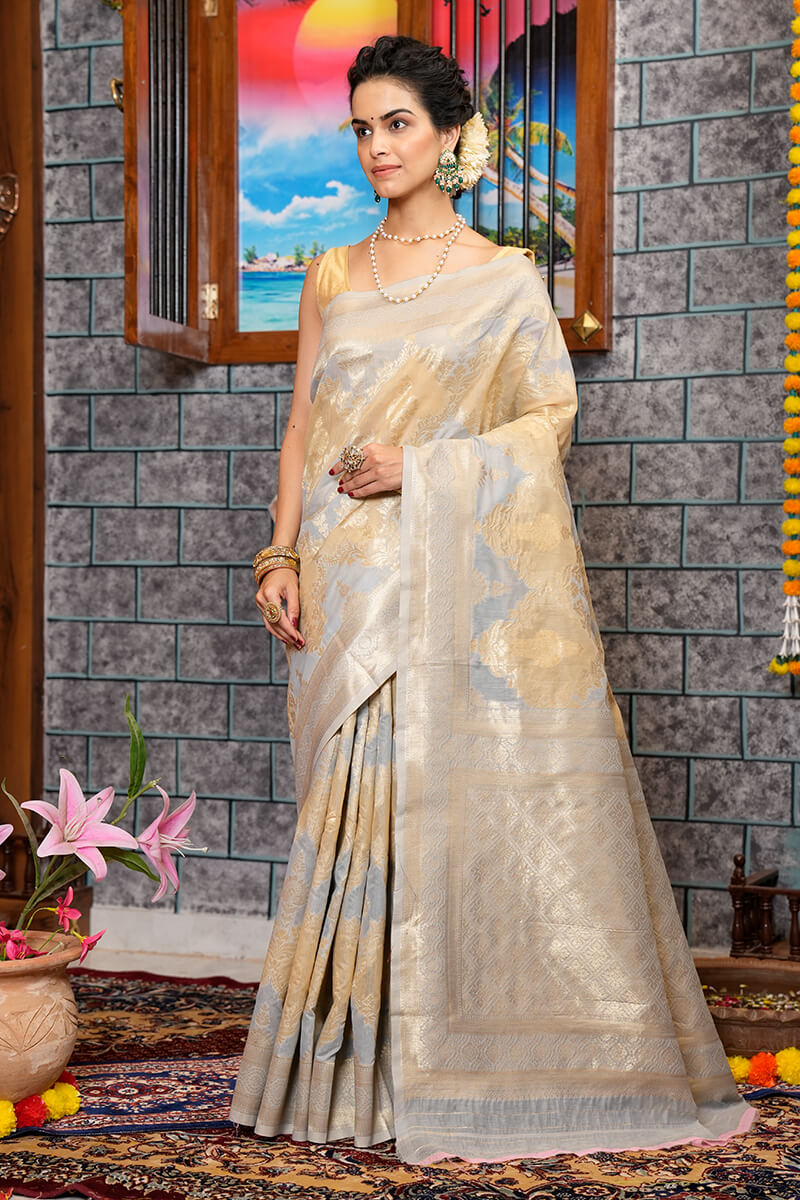 Extraordinary Silver Linen Cotton Silk Saree With Lovely Blouse Piece - Colorful Saree