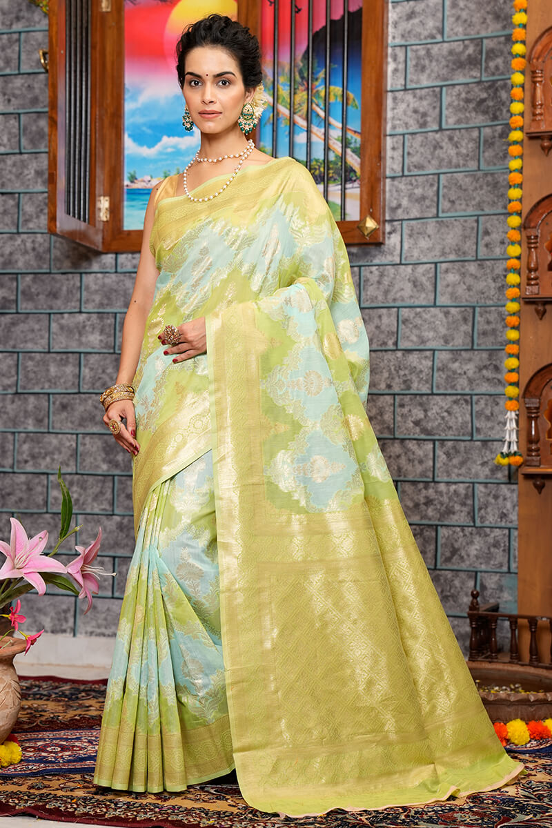 Sophisticated Sky Linen Cotton Silk Saree With Energetic Blouse Piece - Colorful Saree