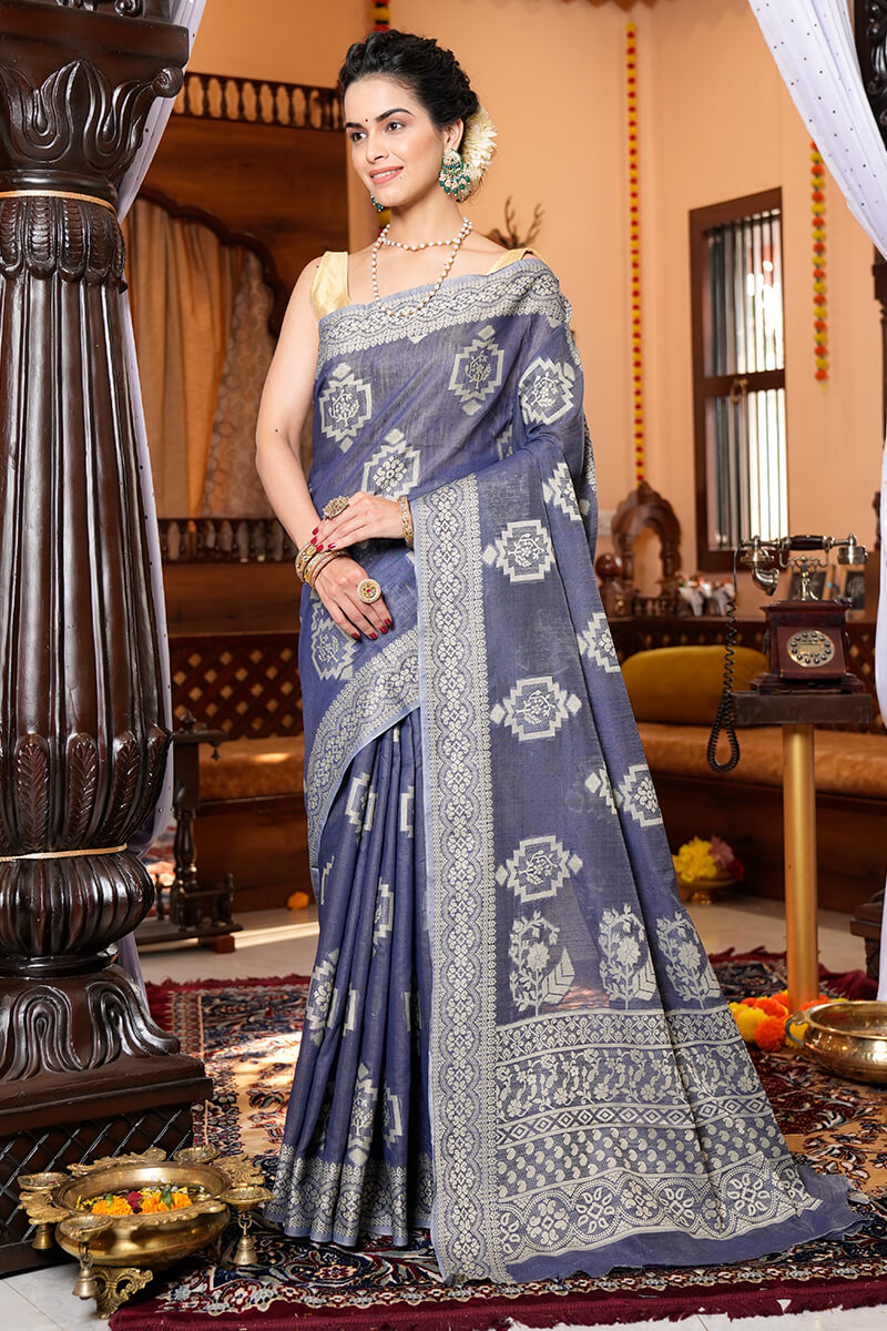 Wonderful Grey Linen Silk Saree With Gorgeous Blouse Piece - Colorful Saree