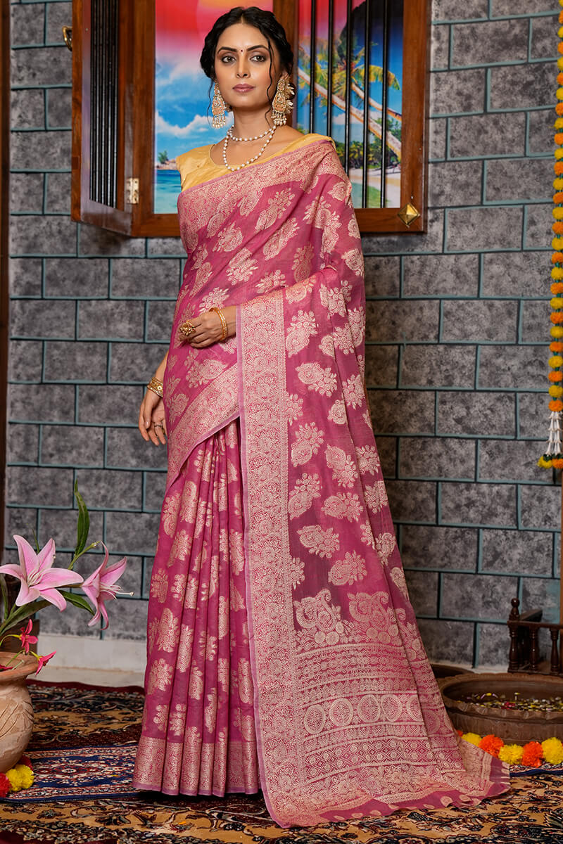 Skinny Dark Pink Linen Silk Saree With Capricious Blouse Piece - Colorful Saree