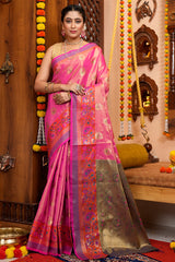 Invaluable Pink Soft Banarasi Silk Saree With Lagniappe Blouse Piece - Colorful Saree