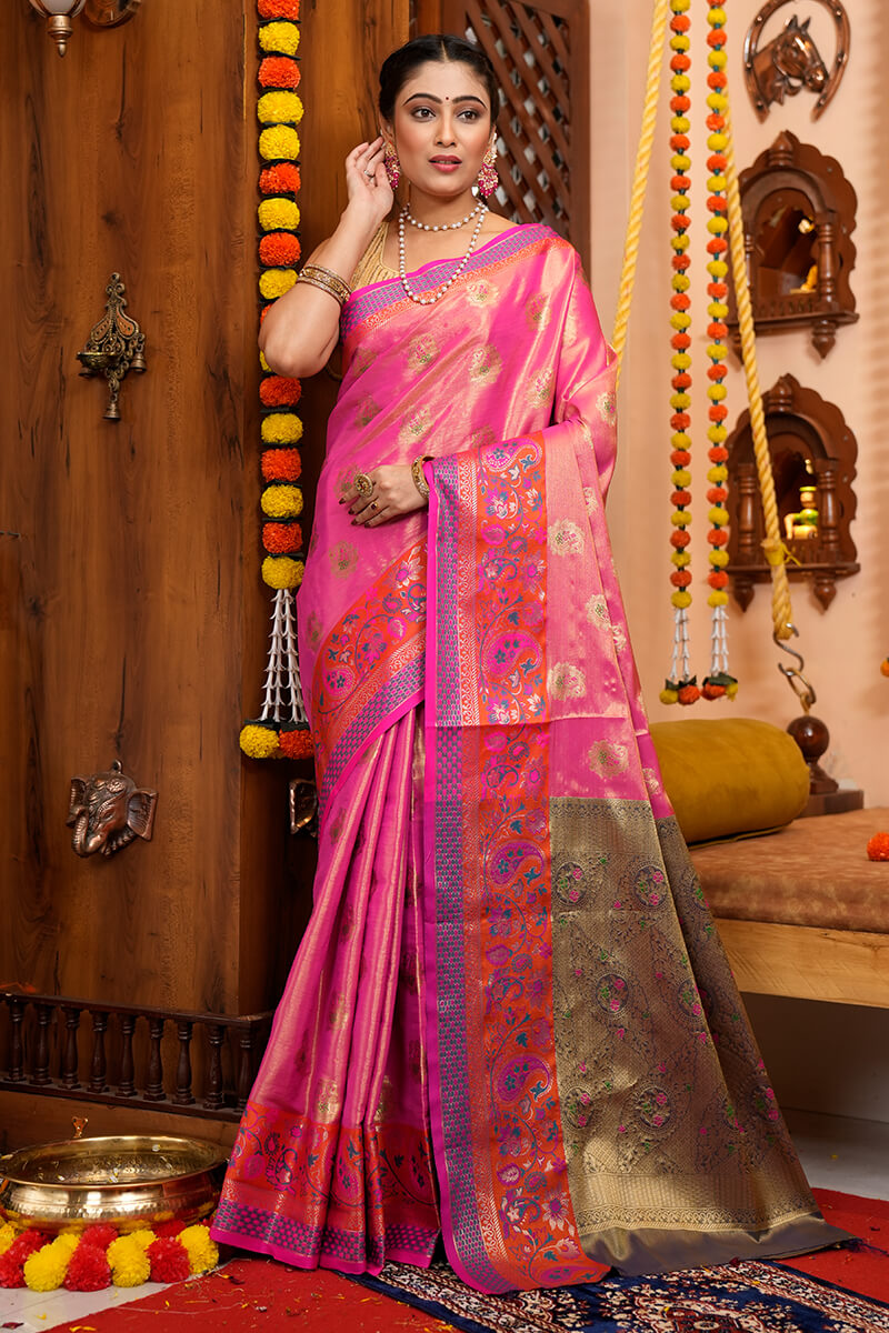 Invaluable Pink Soft Banarasi Silk Saree With Lagniappe Blouse Piece - Colorful Saree