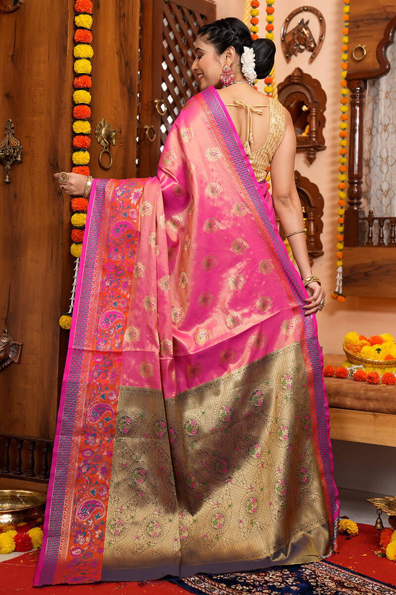 Invaluable Pink Soft Banarasi Silk Saree With Lagniappe Blouse Piece - Colorful Saree