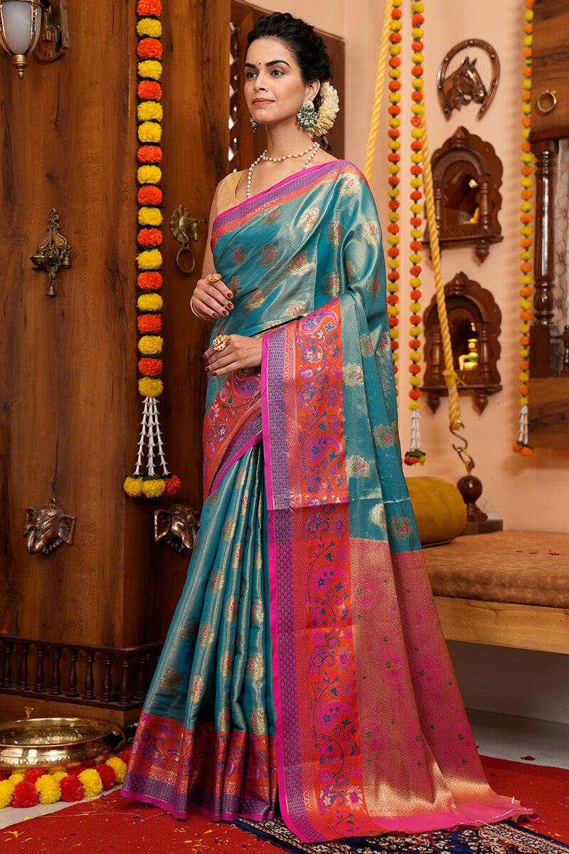 Staring Rama Soft Banarasi Silk Saree With Palimpsest Blouse Piece - Colorful Saree