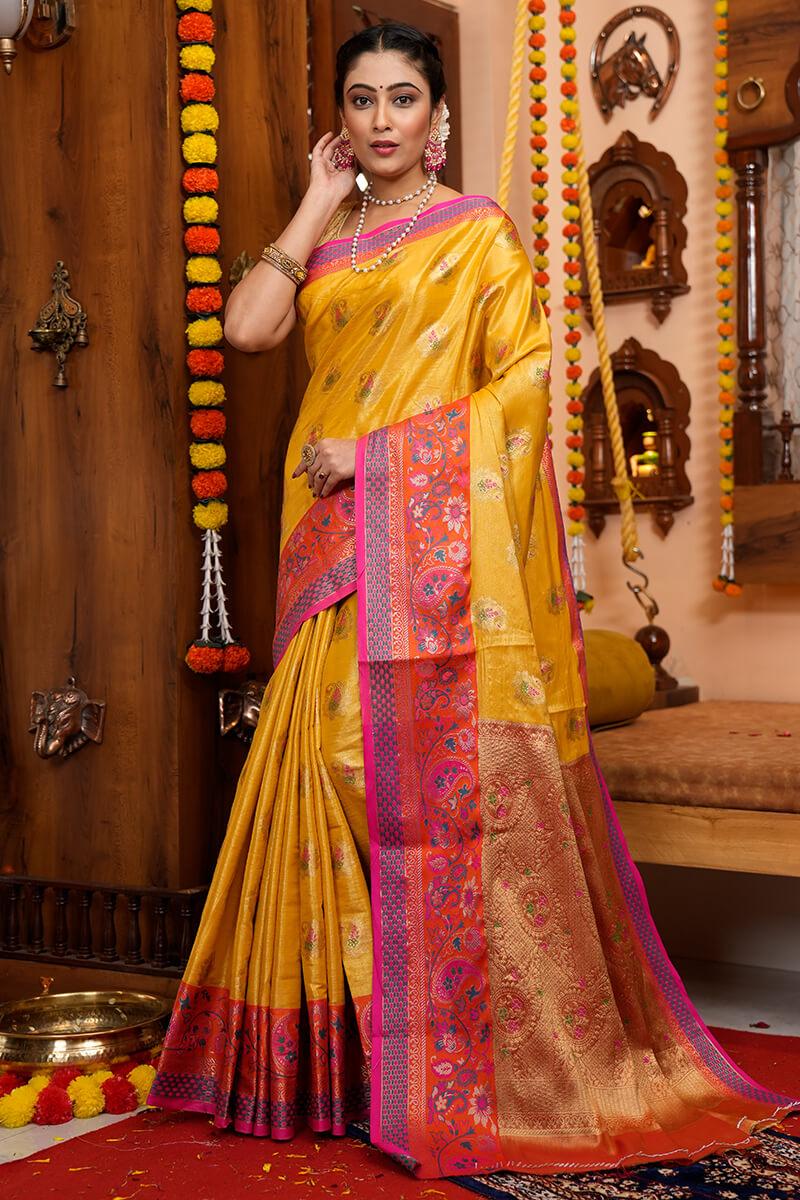 Charming Yellow Soft Banarasi Silk Saree With Deserving Blouse Piece - Colorful Saree