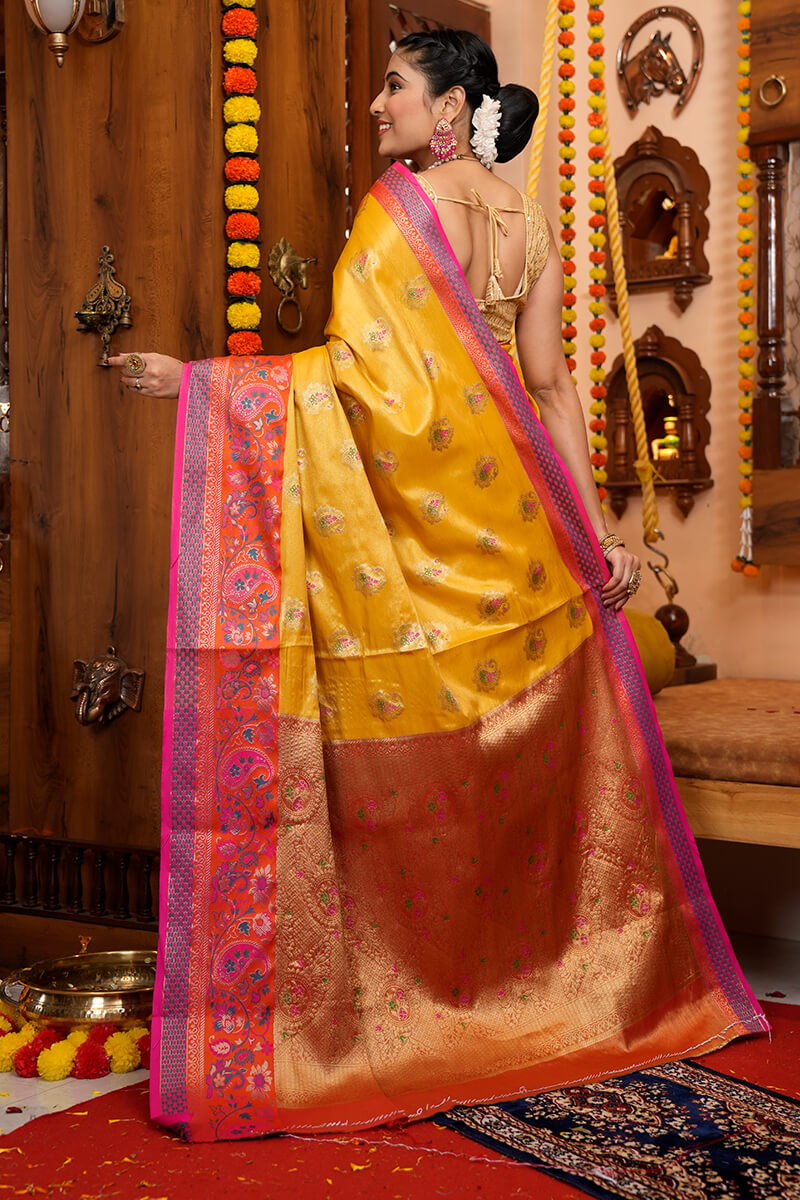 Charming Yellow Soft Banarasi Silk Saree With Deserving Blouse Piece - Colorful Saree