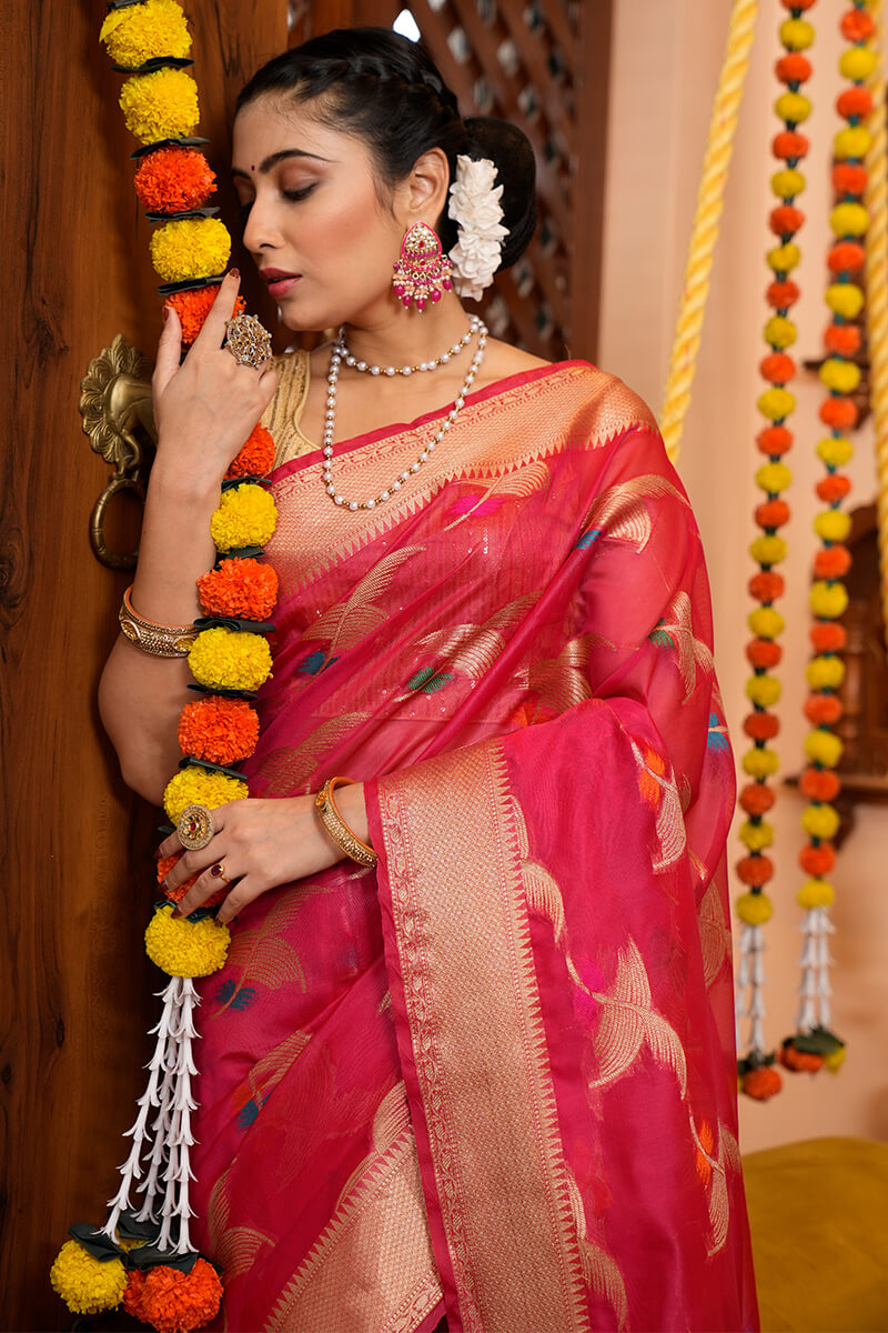 Eye-catching Dark Pink Organza Silk Saree With Beautiful Blouse Piece - Colorful Saree