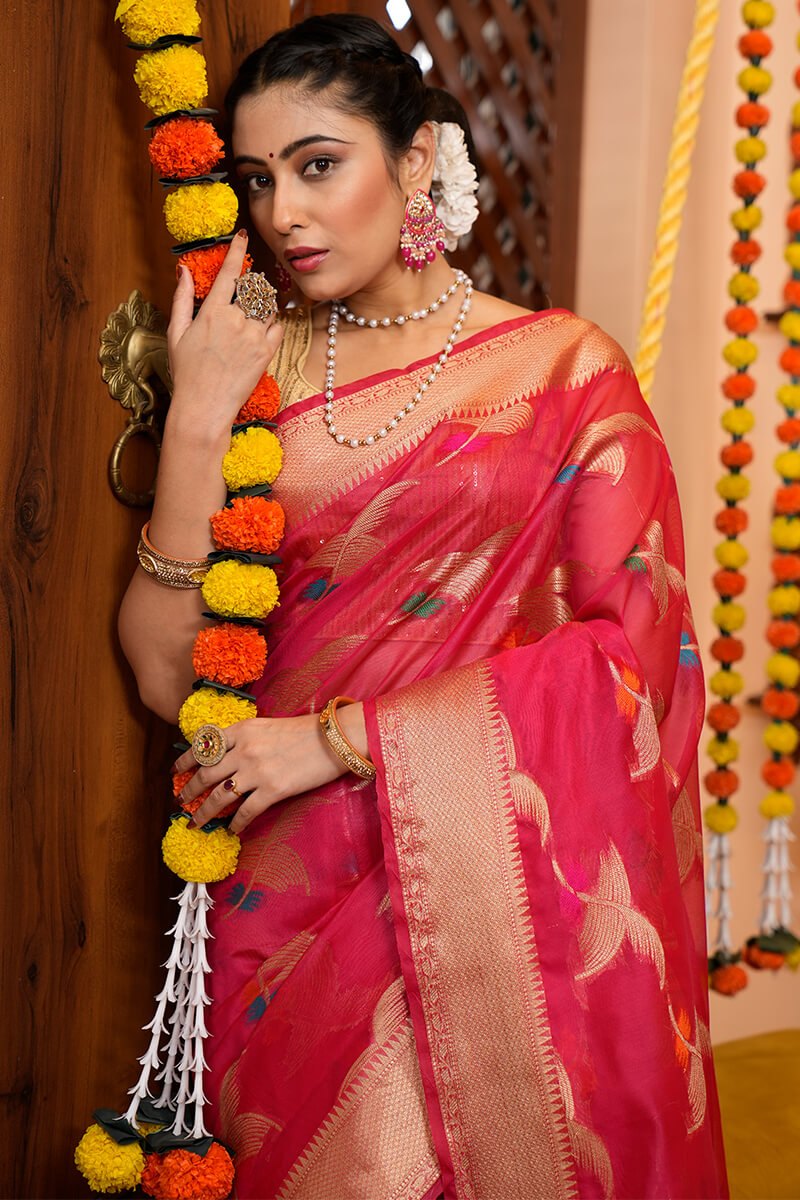 Eye-catching Dark Pink Organza Silk Saree With Beautiful Blouse Piece - Colorful Saree