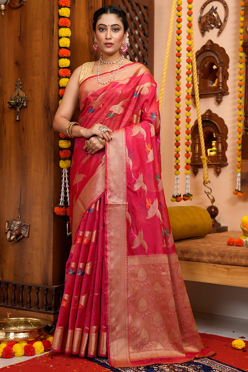 Eye-catching Dark Pink Organza Silk Saree With Beautiful Blouse Piece - Colorful Saree