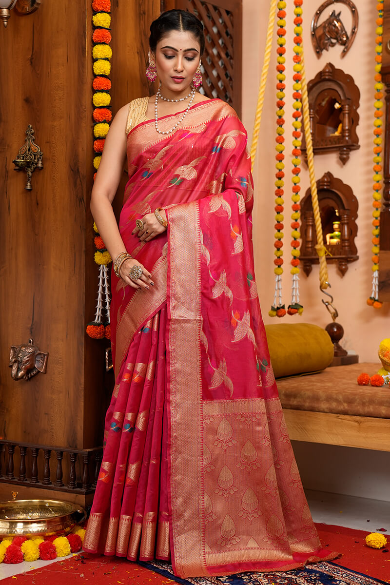 Eye-catching Dark Pink Organza Silk Saree With Beautiful Blouse Piece - Colorful Saree