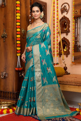 Girlish Firozi Organza Silk Saree With Demanding Blouse Piece - Colorful Saree