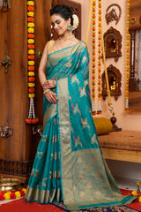 Girlish Firozi Organza Silk Saree With Demanding Blouse Piece - Colorful Saree