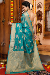 Girlish Firozi Organza Silk Saree With Demanding Blouse Piece - Colorful Saree