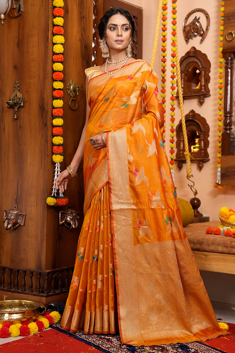 Impressive Orange Organza Silk Saree With Lassitude Blouse Piece - Colorful Saree
