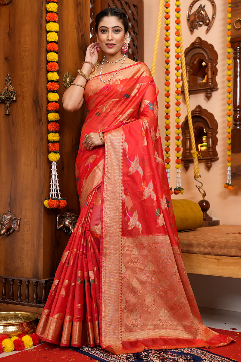 Blooming Red Organza Silk Saree With Conflate Blouse Piece - Colorful Saree