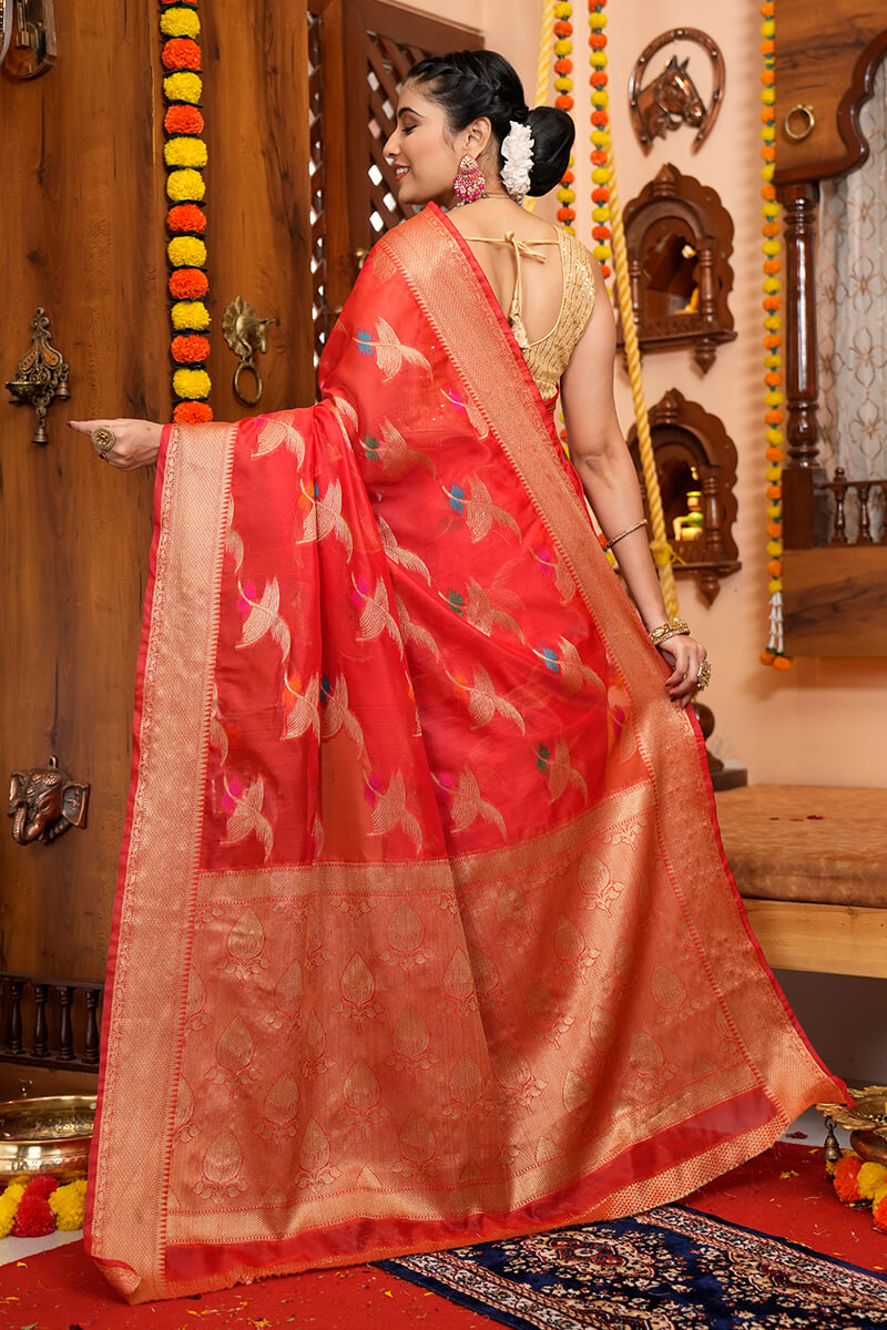 Blooming Red Organza Silk Saree With Conflate Blouse Piece - Colorful Saree