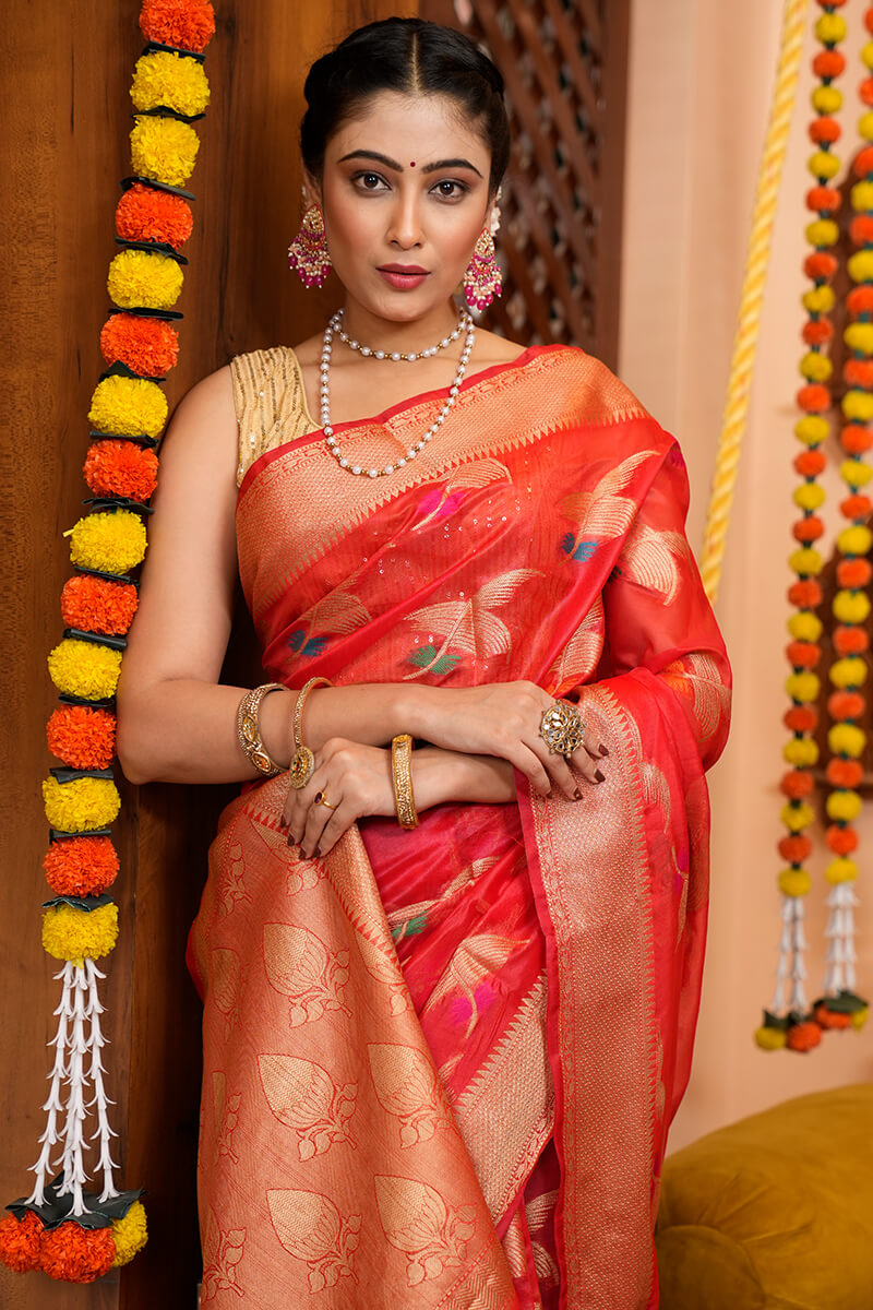 Blooming Red Organza Silk Saree With Conflate Blouse Piece - Colorful Saree