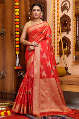 Blooming Red Organza Silk Saree With Conflate Blouse Piece - Colorful Saree