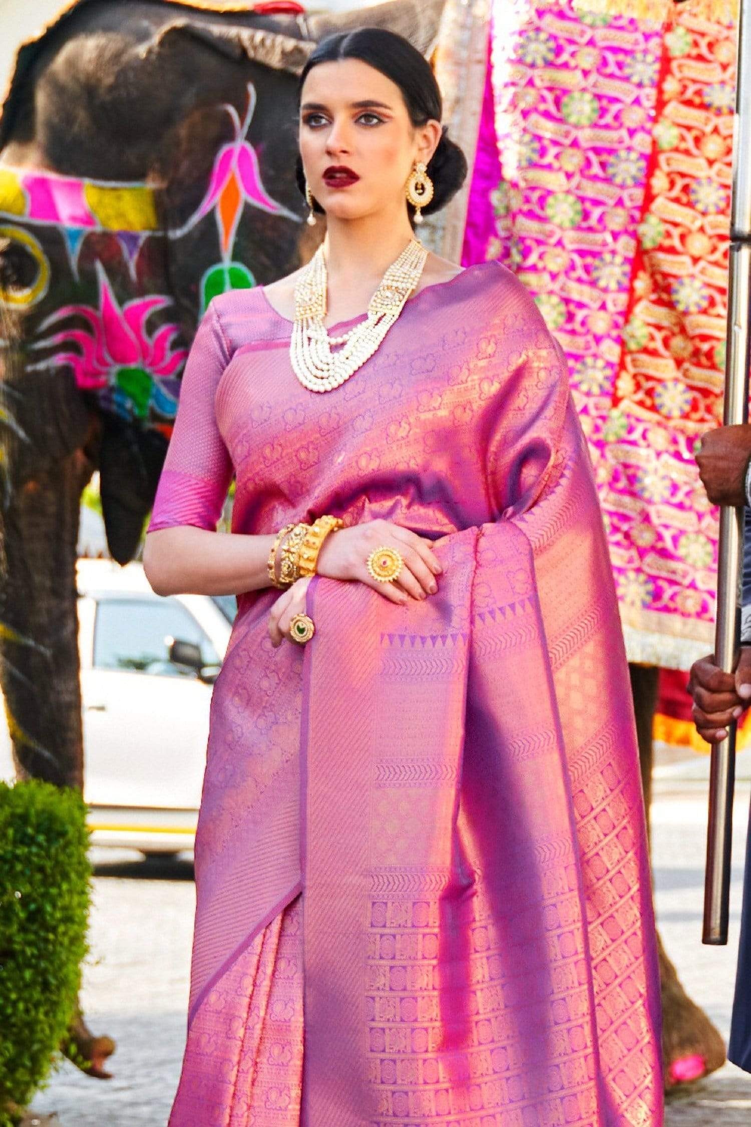 Mesmeric Purple Kanjivaram Silk Saree With Snappy Blouse Piece - Colorful Saree