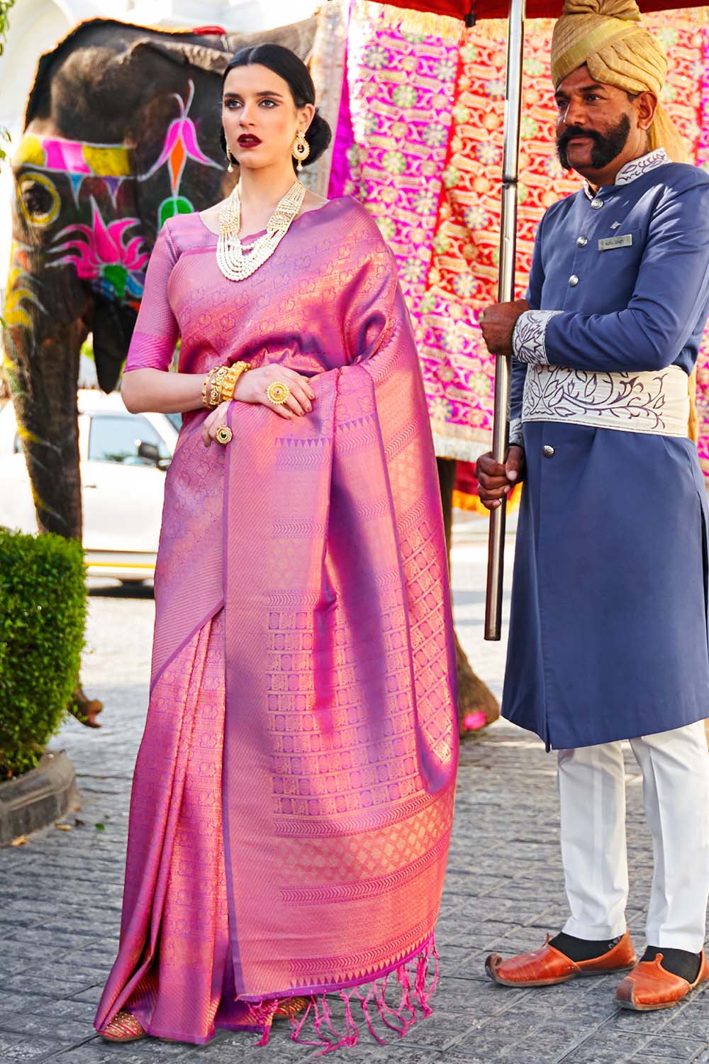 Mesmeric Purple Kanjivaram Silk Saree With Snappy Blouse Piece - Colorful Saree