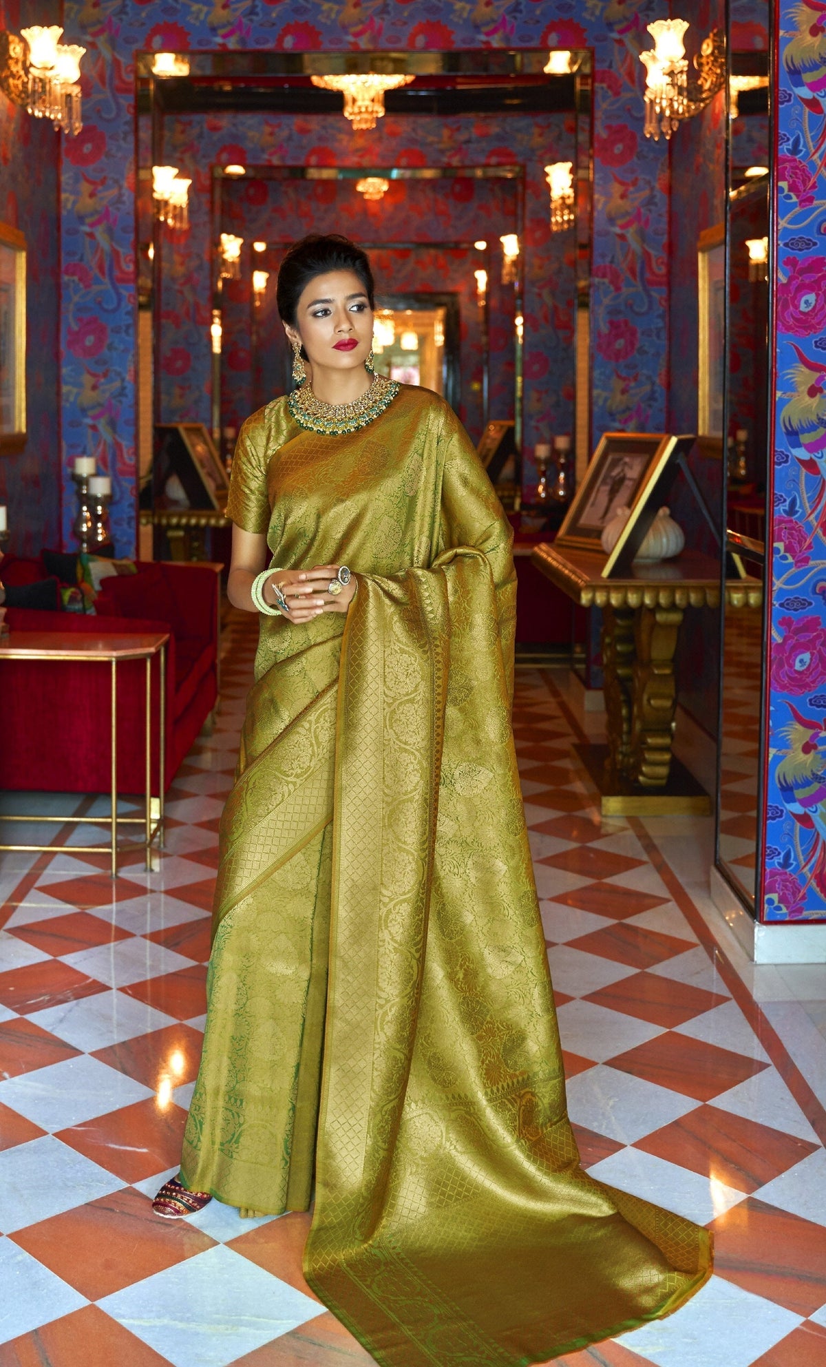 Woebegone Green Kanjivaram Silk Saree With Outstanding Blouse Piece - Colorful Saree