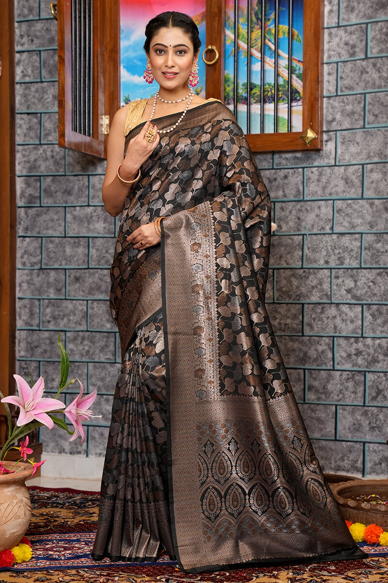 Engrossing Black Kanjivaram Silk Saree With Fantabulous Blouse Piece - Colorful Saree