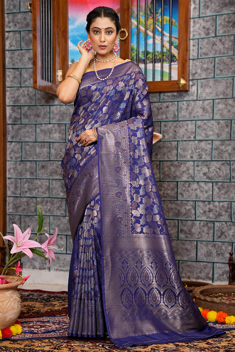 Breathtaking Navy Blue Kanjivaram Silk Saree With Adorable Blouse Piece - Colorful Saree