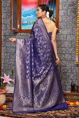 Breathtaking Navy Blue Kanjivaram Silk Saree With Adorable Blouse Piece - Colorful Saree